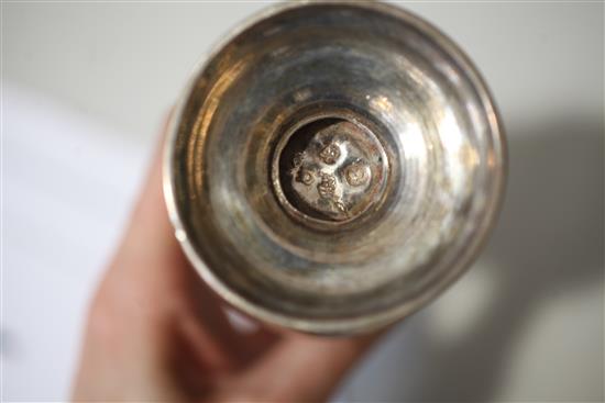 A George II silver caster by Samuel Wood, engraved with the Heneage family crest, 9.5 oz.